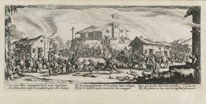 Plundering en Verbranding van een Dorp Les miseres et les mal-heures de la guerre, pl. 7 door Jacques Callot